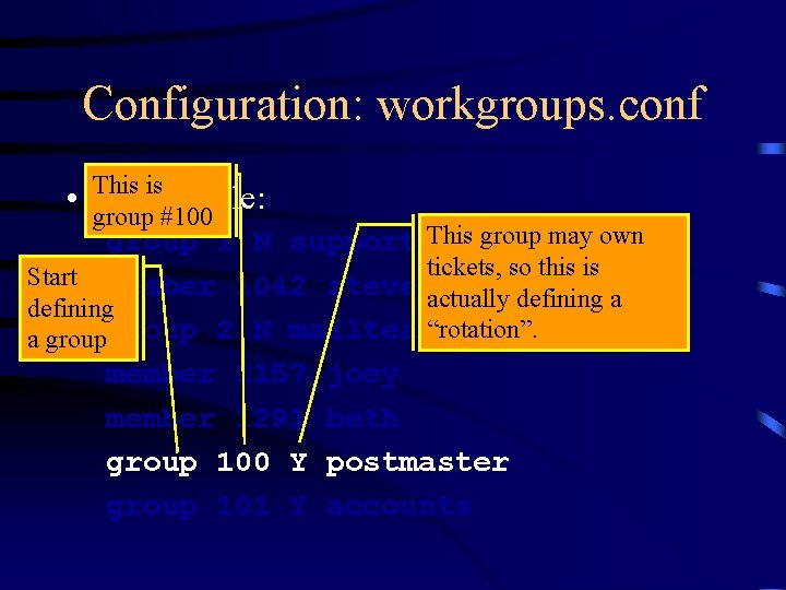 Configuration: workgroups. conf is • This Sample file: group #100 group 1 N support