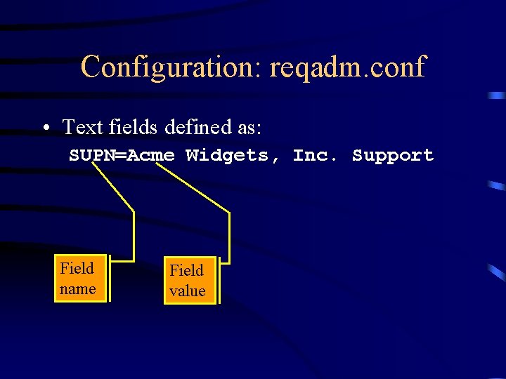 Configuration: reqadm. conf • Text fields defined as: SUPN=Acme Widgets, Inc. Support Field name