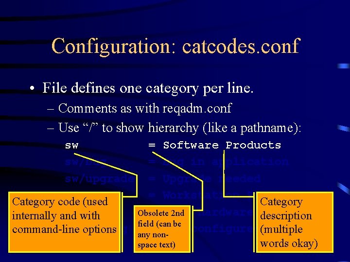 Configuration: catcodes. conf • File defines one category per line. – Comments as with