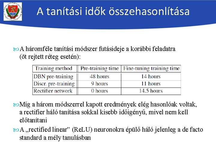 A tanítási idők összehasonlítása A háromféle tanítási módszer futásideje a korábbi feladatra (öt rejtett