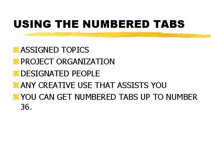 USING THE NUMBERED TABS z ASSIGNED TOPICS z PROJECT ORGANIZATION z DESIGNATED PEOPLE z