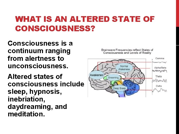 WHAT IS AN ALTERED STATE OF CONSCIOUSNESS? Consciousness is a continuum ranging from alertness