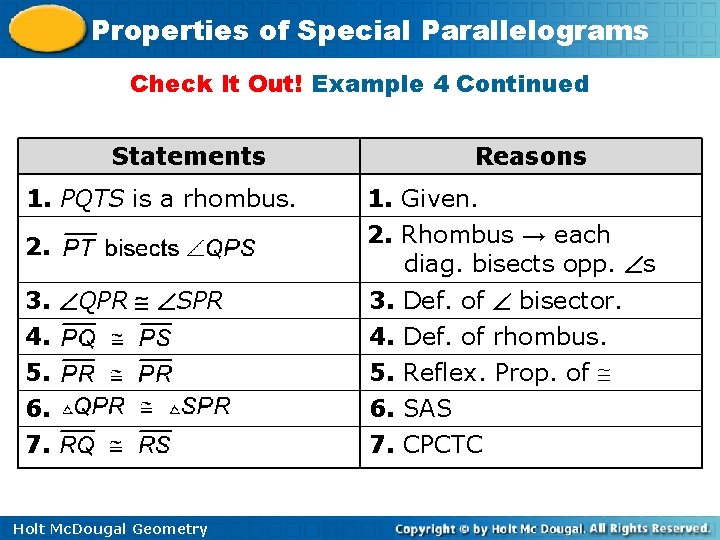 Properties of Special Parallelograms Check It Out! Example 4 Continued Statements 1. PQTS is