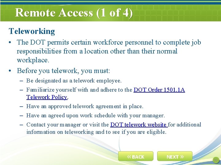Remote Access (1 of 4) Teleworking • The DOT permits certain workforce personnel to