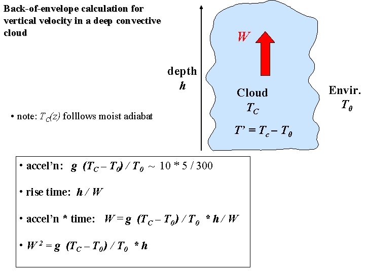 Back-of-envelope calculation for vertical velocity in a deep convective cloud W depth h •