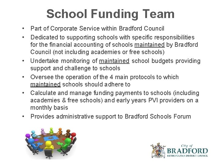 School Funding Team • Part of Corporate Service within Bradford Council • Dedicated to