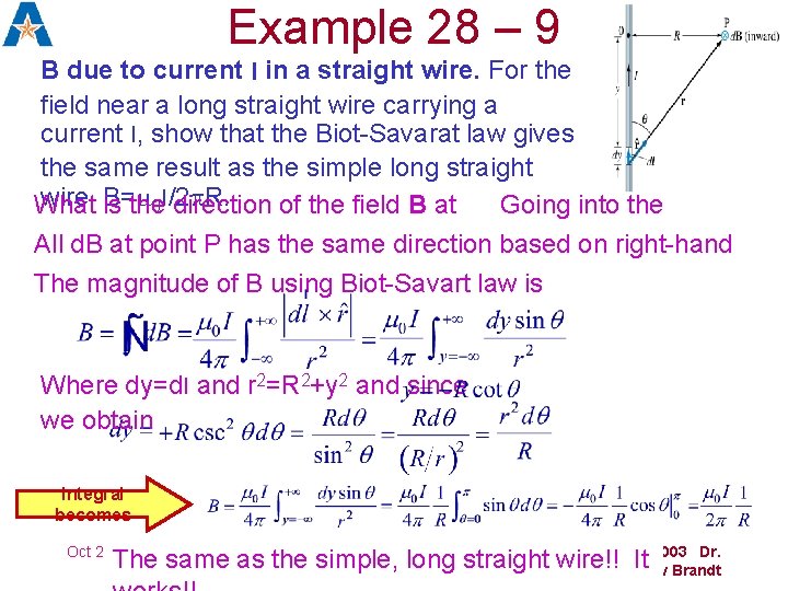 Example 28 – 9 B due to current I in a straight wire. For