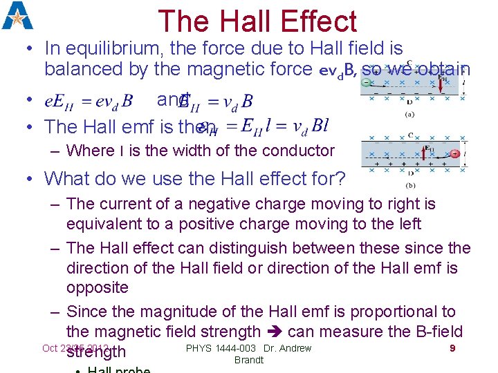 The Hall Effect • In equilibrium, the force due to Hall field is balanced