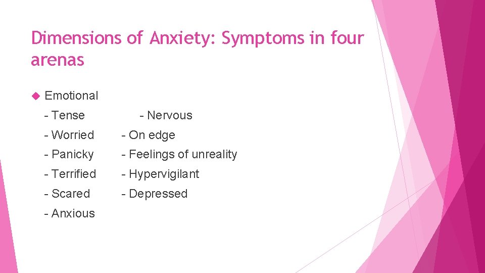 Dimensions of Anxiety: Symptoms in four arenas Emotional - Tense - Nervous - Worried