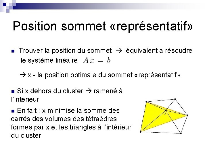 Position sommet «représentatif» n Trouver la position du sommet équivalent a résoudre le système