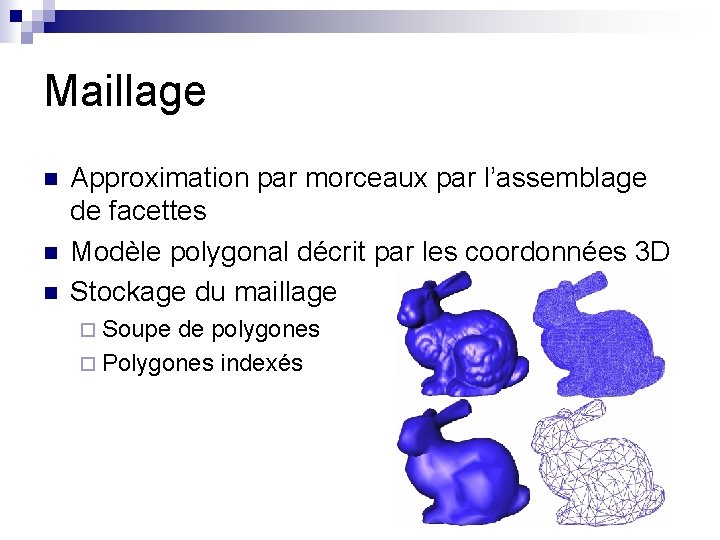 Maillage n n n Approximation par morceaux par l’assemblage de facettes Modèle polygonal décrit