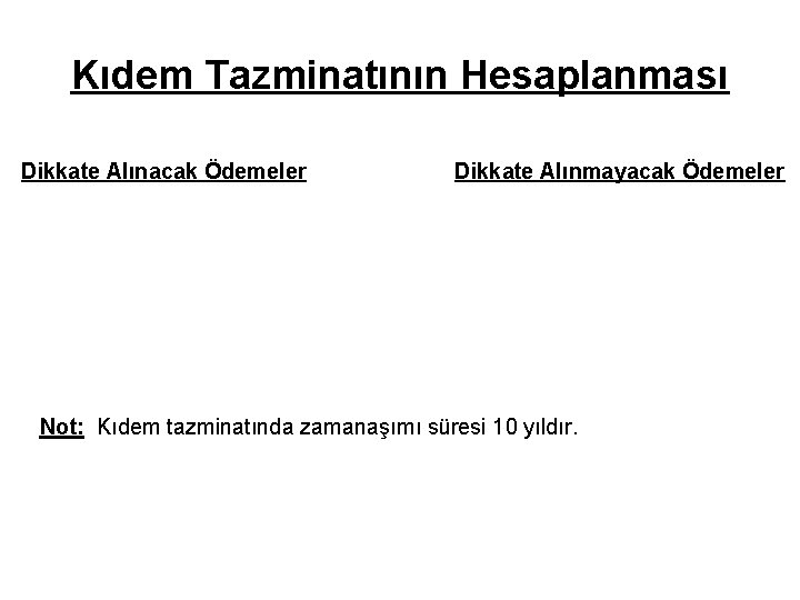 Kıdem Tazminatının Hesaplanması Dikkate Alınacak Ödemeler Dikkate Alınmayacak Ödemeler Not: Kıdem tazminatında zamanaşımı süresi