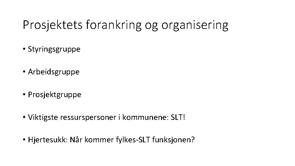 Prosjektets forankring og organisering • Styringsgruppe • Arbeidsgruppe • Prosjektgruppe • Viktigste ressurspersoner i