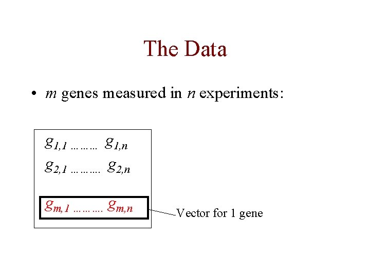 The Data • m genes measured in n experiments: g 1, 1 ……… g
