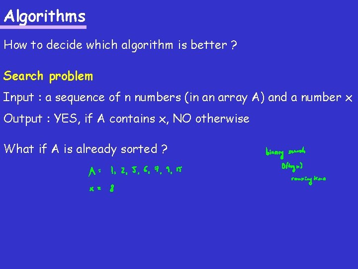 Algorithms How to decide which algorithm is better ? Search problem Input : a