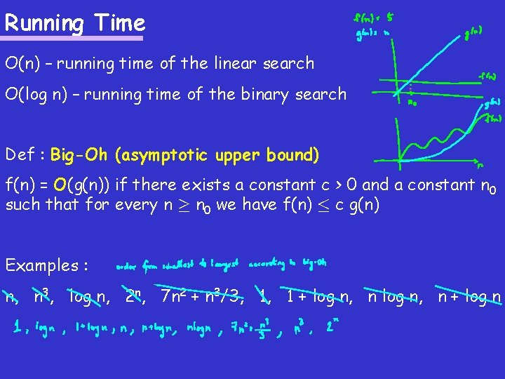 Running Time O(n) – running time of the linear search O(log n) – running