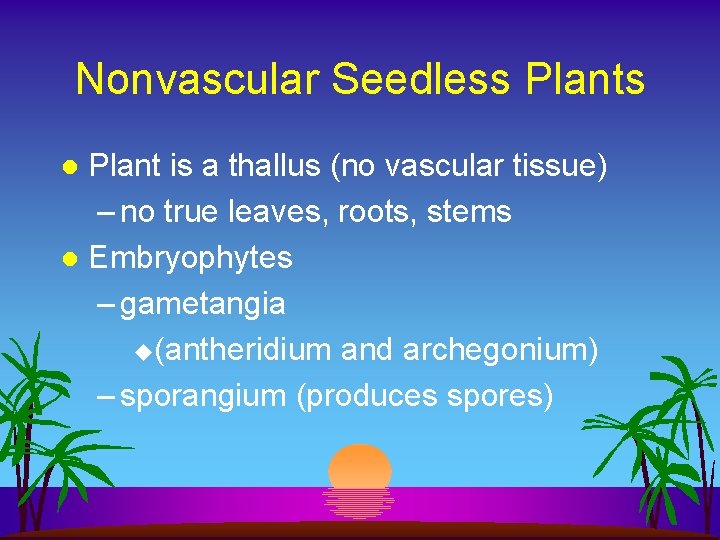 Nonvascular Seedless Plant is a thallus (no vascular tissue) – no true leaves, roots,