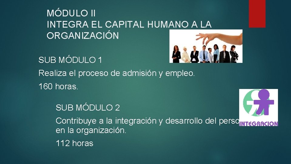 MÓDULO II INTEGRA EL CAPITAL HUMANO A LA ORGANIZACIÓN SUB MÓDULO 1 Realiza el MÓDULO II INTEGRA EL CAPITAL HUMANO A LA ORGANIZACIÓN SUB MÓDULO 1 Realiza el