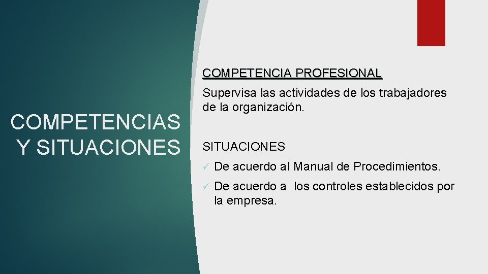 COMPETENCIA PROFESIONAL COMPETENCIAS Y SITUACIONES Supervisa las actividades de los trabajadores de la organización. COMPETENCIA PROFESIONAL COMPETENCIAS Y SITUACIONES Supervisa las actividades de los trabajadores de la organización.