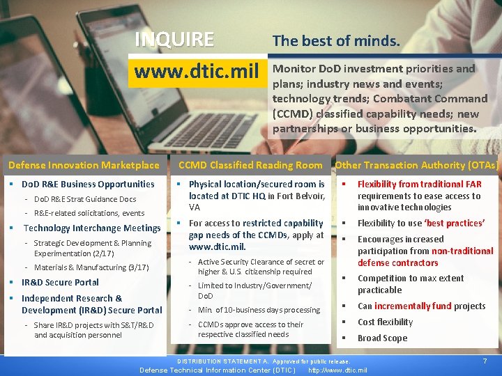 INQUIRE www. dtic. mil The best of minds. Monitor Do. D investment priorities and