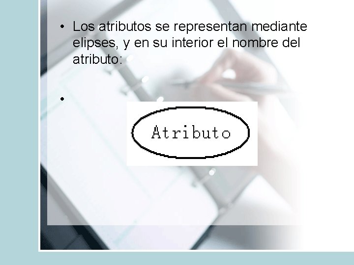  • Los atributos se representan mediante elipses, y en su interior el nombre