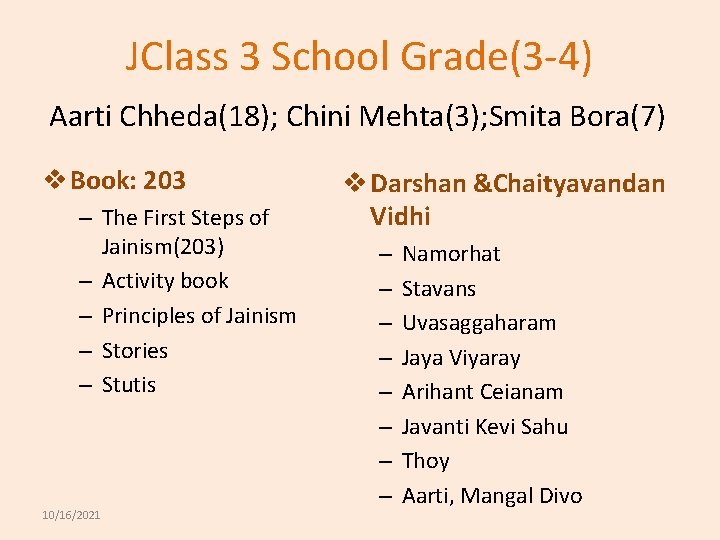 JClass 3 School Grade(3 -4) Aarti Chheda(18); Chini Mehta(3); Smita Bora(7) v Book: 203