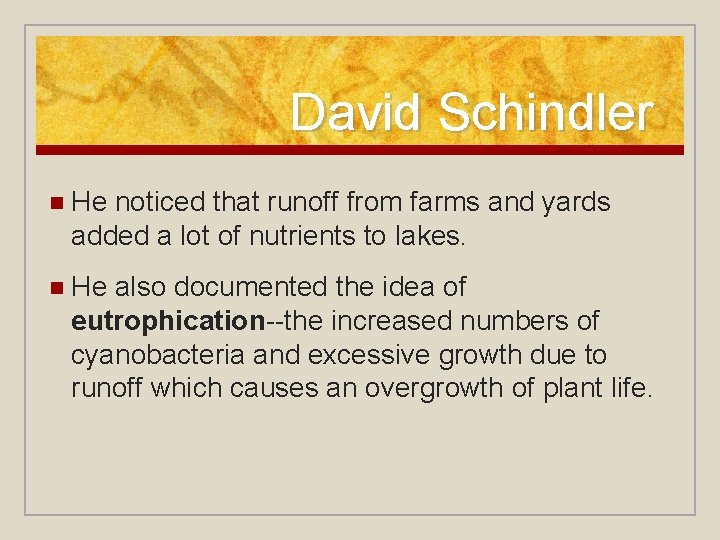 David Schindler n He noticed that runoff from farms and yards added a lot