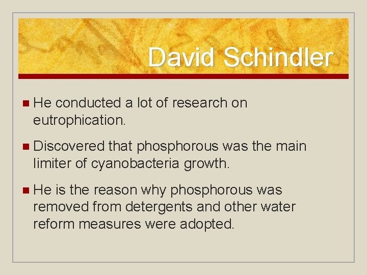 David Schindler n He conducted a lot of research on eutrophication. n Discovered that