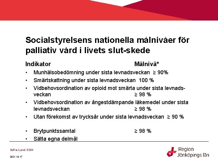 Socialstyrelsens nationella målnivåer för palliativ vård i livets slut-skede Indikator • • Munhälsobedömning under