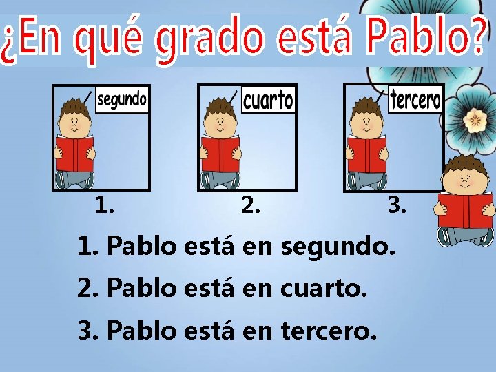 1. 2. 3. 1. Pablo está en segundo. 2. Pablo está en cuarto. 3.