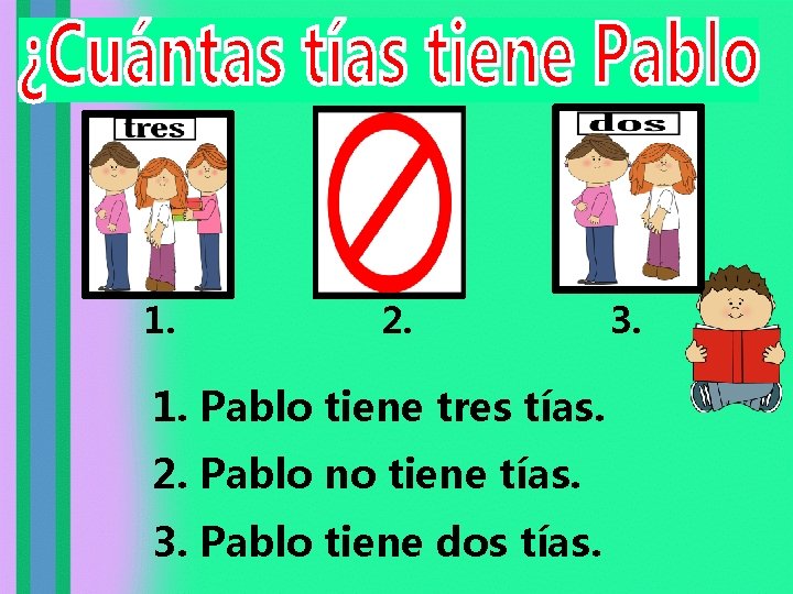 1. 2. 1. Pablo tiene tres tías. 2. Pablo no tiene tías. 3. Pablo