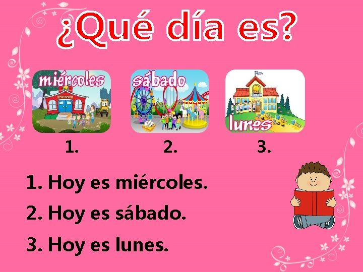 1. 2. 1. Hoy es miércoles. 2. Hoy es sábado. 3. Hoy es lunes.