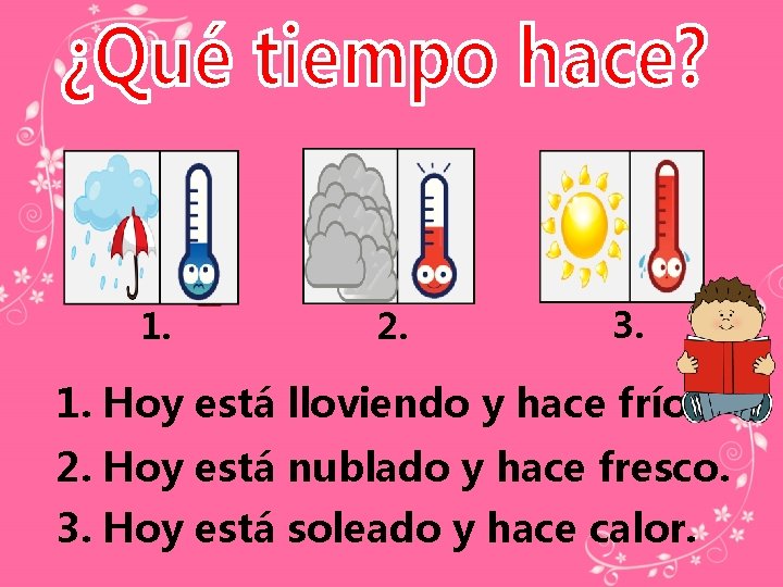 1. 2. 3. 1. Hoy está lloviendo y hace frío. 2. Hoy está nublado