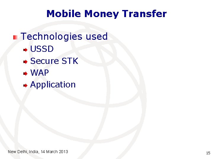 Mobile Money Transfer Technologies used USSD Secure STK WAP Application New Delhi, India, 14