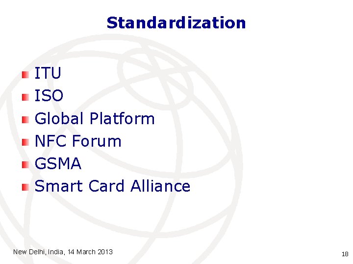 Standardization ITU ISO Global Platform NFC Forum GSMA Smart Card Alliance New Delhi, India,
