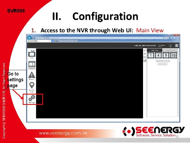 SVR 800 II. Configuration 1. Access to the NVR through Web UI: Main View