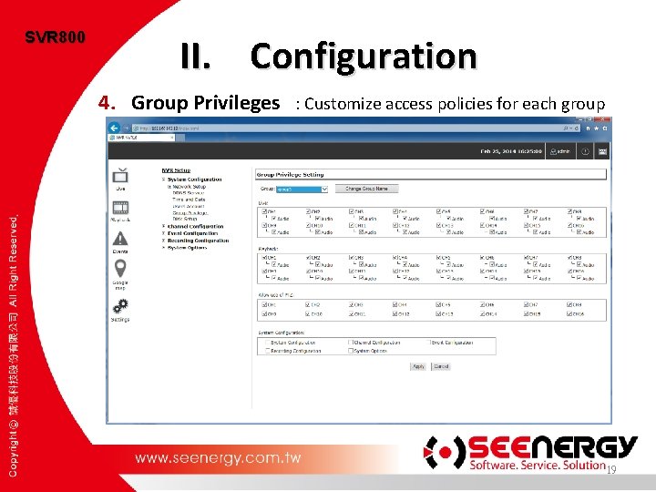 SVR 800 II. Configuration 4. Group Privileges : Customize access policies for each group