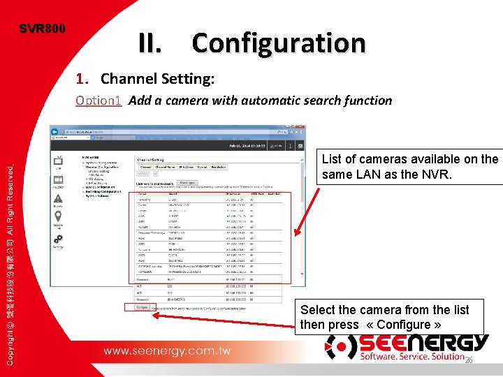 SVR 800 II. Configuration 1. Channel Setting: Option 1 Add a camera with automatic