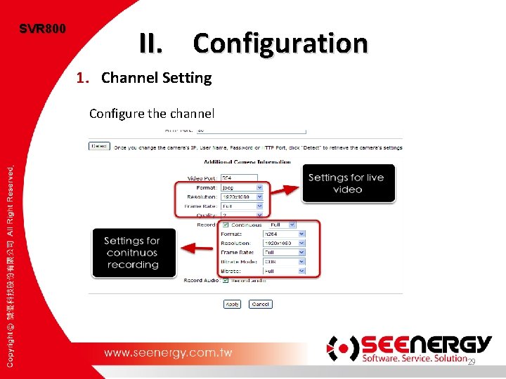 SVR 800 II. Configuration 1. Channel Setting Configure the channel 29 