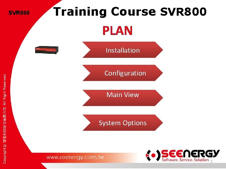 SVR 800 Training Course SVR 800 PLAN Installation Configuration Main View System Options 3