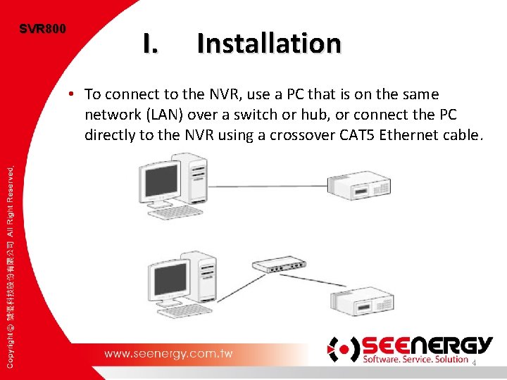 SVR 800 I. Installation • To connect to the NVR, use a PC that