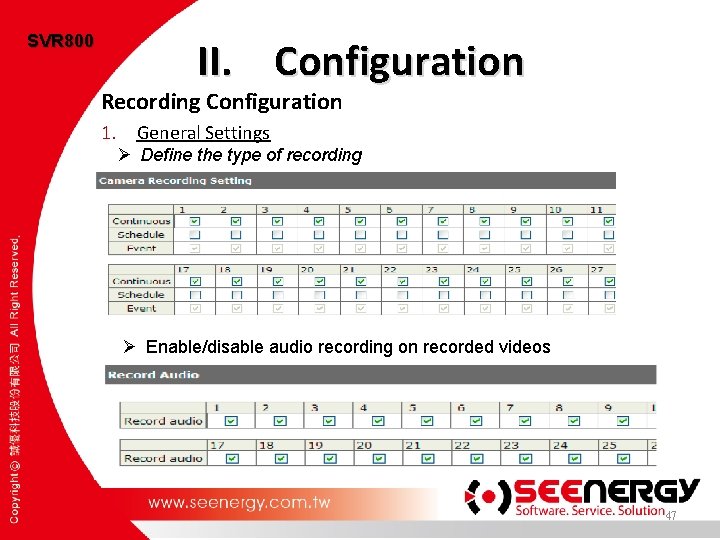 SVR 800 II. Configuration Recording Configuration 1. General Settings Ø Define the type of