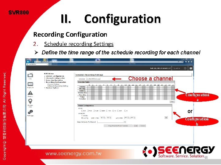 SVR 800 II. Configuration Recording Configuration 2. Schedule recording Settings Ø Define the time