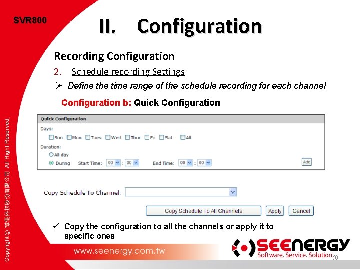 SVR 800 II. Configuration Recording Configuration 2. Schedule recording Settings Ø Define the time