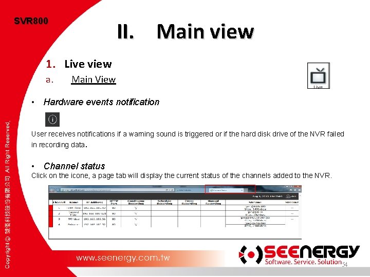 SVR 800 II. Main view 1. Live view a. Main View • Hardware events