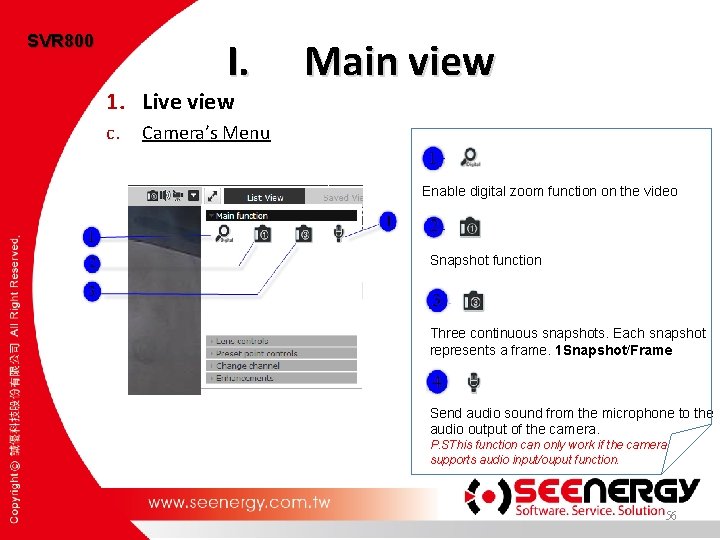 SVR 800 I. 1. Live view c. Main view Camera’s Menu Enable digital zoom