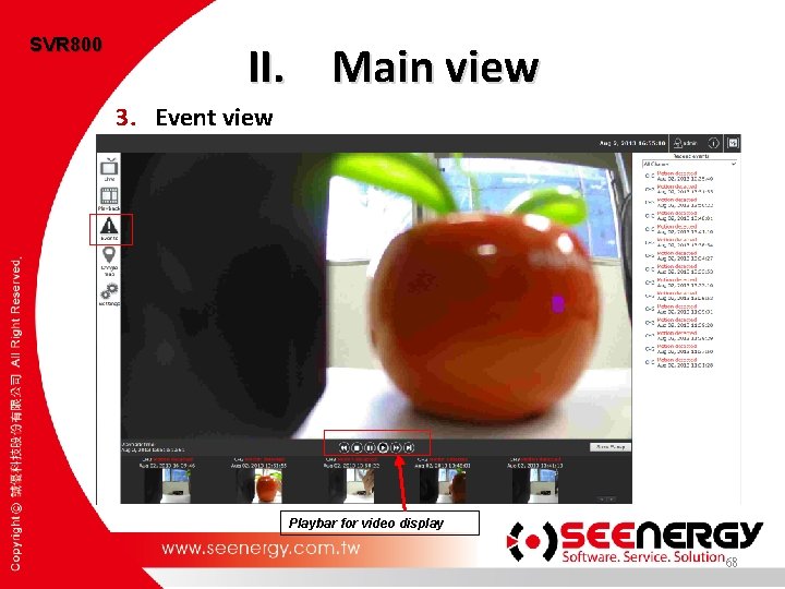 SVR 800 II. Main view 3. Event view Playbar for video display 68 