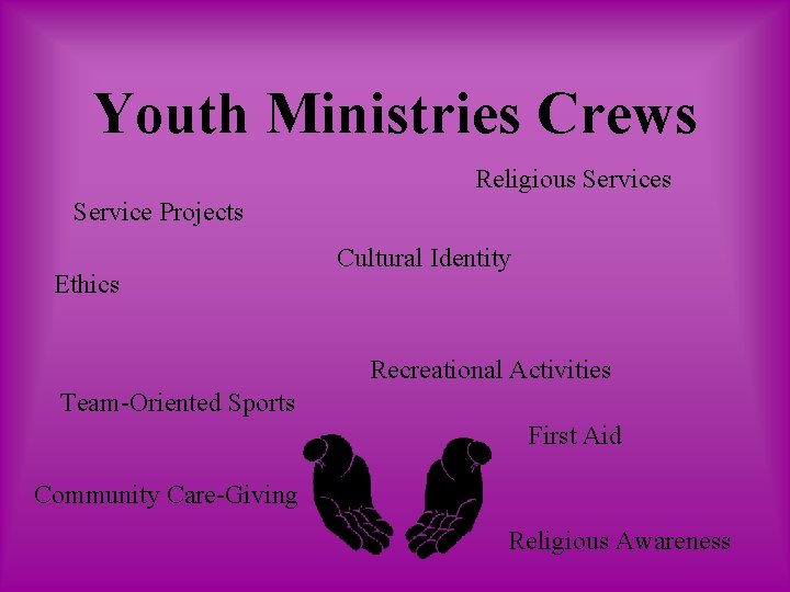 Youth Ministries Crews Religious Service Projects Ethics Cultural Identity Recreational Activities Team-Oriented Sports First