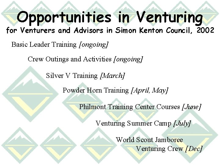 Opportunities in Venturing for Venturers and Advisors in Simon Kenton Council, 2002 Basic Leader