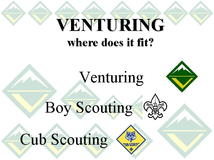 VENTURING where does it fit? Venturing Boy Scouting Cub Scouting VENTURING where does it fit? Venturing Boy Scouting Cub Scouting